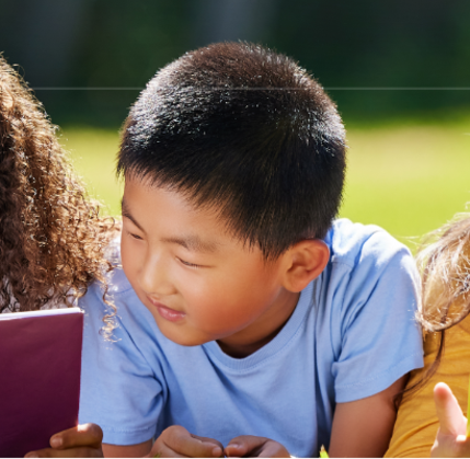 Five children reading books together to earn rewards from Winchester Savings Bank for Learn2Earn.
